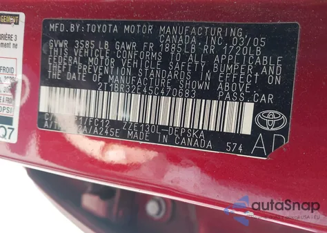 2005 Toyota Corolla S z USA, uszkodzony, nr VIN 2T1BR32E45C470683